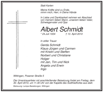 Traueranzeige von Albert Schmidt von ALLGEMEINE ZEITUNG UELZEN