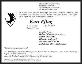 Traueranzeige von Kurt Pflug von ALLGEMEINE ZEITUNG UELZEN