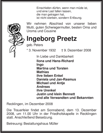 Traueranzeige von Ingeborg Preetz von ALLGEMEINE ZEITUNG UELZEN