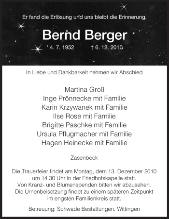 Traueranzeige von Bernd Berger von ALLGEMEINE ZEITUNG UELZEN