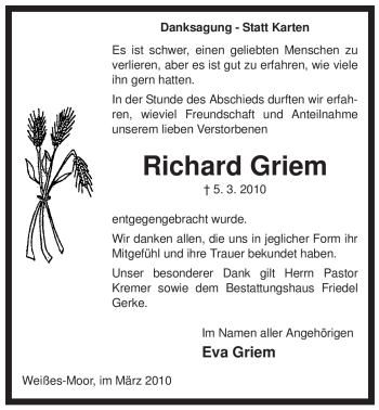 Traueranzeige von Richard Griem von ALLGEMEINE ZEITUNG UELZEN