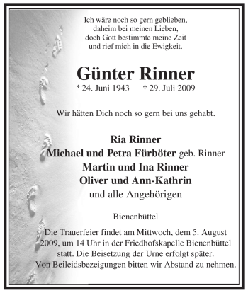 Traueranzeige von Günter Rinner von ALLGEMEINE ZEITUNG UELZEN