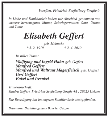 Traueranzeige von Elisabeth Geffert von ALLGEMEINE ZEITUNG UELZEN