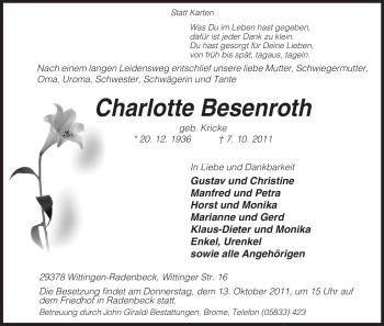 Traueranzeige von Charlotte Besenroth von ALLGEMEINE ZEITUNG UELZEN