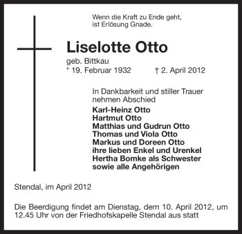 Traueranzeige von Liselotte Otto von ALLGEMEINE ZEITUNG UELZEN