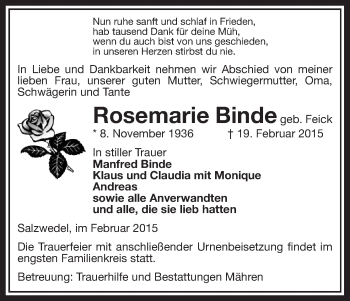 Traueranzeige von Rosemarie Binde von Uelzen