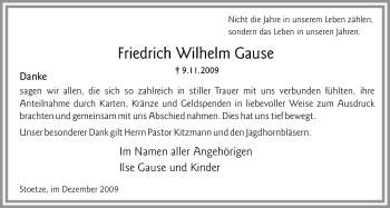 Traueranzeige von Friedrich Wilhelm Gause von ALLGEMEINE ZEITUNG UELZEN