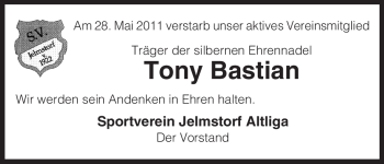 Traueranzeige von Tony Bastian von ALLGEMEINE ZEITUNG UELZEN