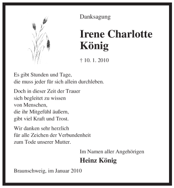 Traueranzeige von Irene Charlotte König von ALLGEMEINE ZEITUNG UELZEN