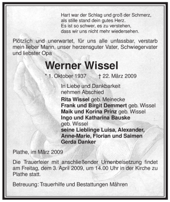 Traueranzeige von Werner Wissel von ALLGEMEINE ZEITUNG UELZEN