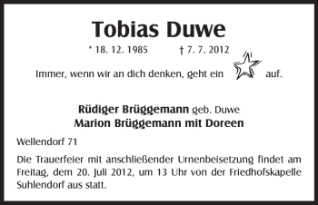 Traueranzeige von Tobias Duwe, von ALLGEMEINE ZEITUNG UELZEN