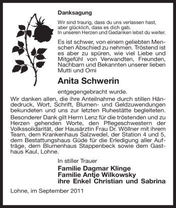 Traueranzeige von Anita Schwerin von ALLGEMEINE ZEITUNG UELZEN