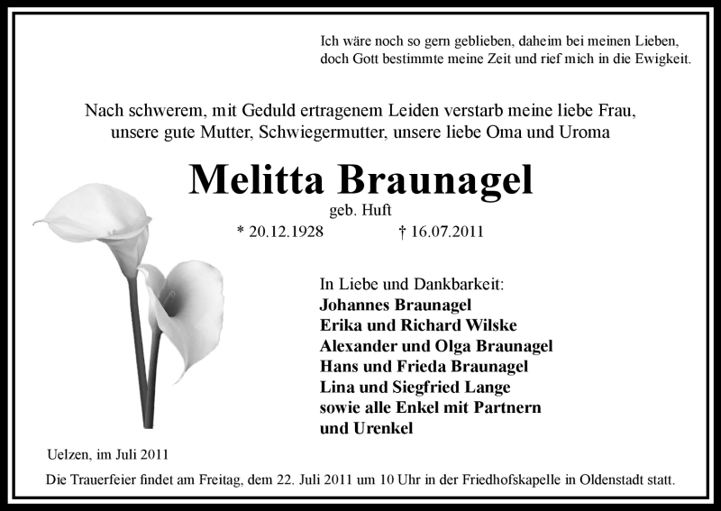  Traueranzeige für Melitta Braunagel vom 19.07.2011 aus ALLGEMEINE ZEITUNG UELZEN