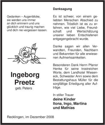 Traueranzeige von Ingeborg Preetz von ALLGEMEINE ZEITUNG UELZEN