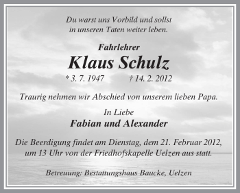 Traueranzeige von Klaus Schulz von ALLGEMEINE ZEITUNG UELZEN