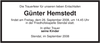 Traueranzeige von Günter Hemstedt von ALLGEMEINE ZEITUNG UELZEN