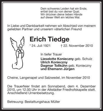 Traueranzeige von Erich Tiedge von ALLGEMEINE ZEITUNG UELZEN