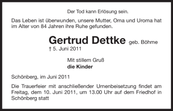 Traueranzeige von Gertrud Dettke von ALLGEMEINE ZEITUNG UELZEN