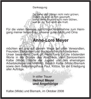 Traueranzeige von Anne-Lore Meyer von ALLGEMEINE ZEITUNG UELZEN