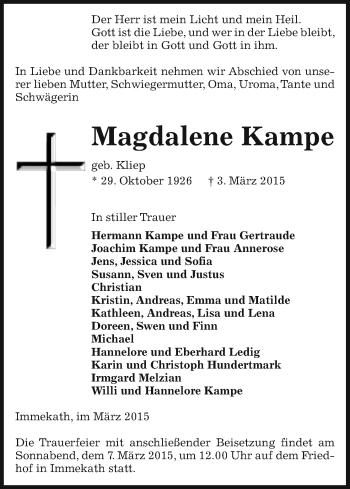 Traueranzeige von Magdalene Kampe von Uelzen