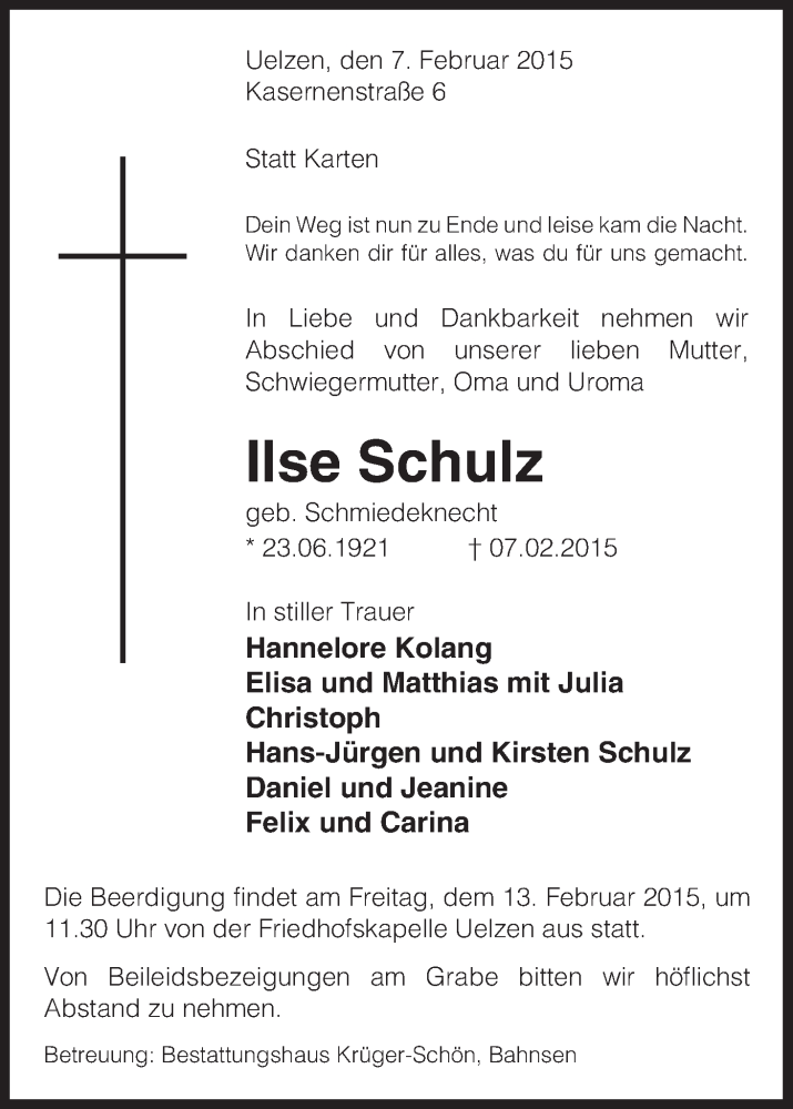  Traueranzeige für Ilse Schulz vom 10.02.2015 aus Uelzen