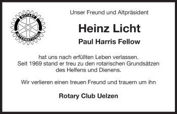 Traueranzeige von Heinz Licht von ALLGEMEINE ZEITUNG UELZEN