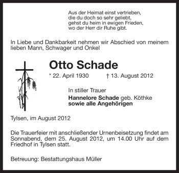 Traueranzeige von Otto Schade von ALLGEMEINE ZEITUNG UELZEN