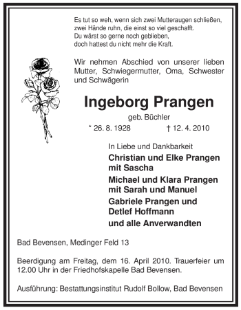 Traueranzeige von Ingeborg Prangen von ALLGEMEINE ZEITUNG UELZEN