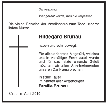 Traueranzeige von Hildegard Brunau von ALLGEMEINE ZEITUNG UELZEN