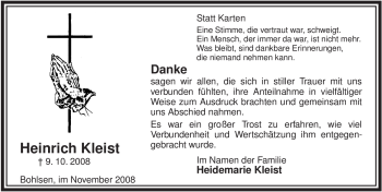Traueranzeige von Heinrich Kleist von ALLGEMEINE ZEITUNG UELZEN