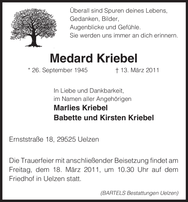 Traueranzeige für Medard Kriebel vom 16.03.2011 aus ALLGEMEINE ZEITUNG UELZEN