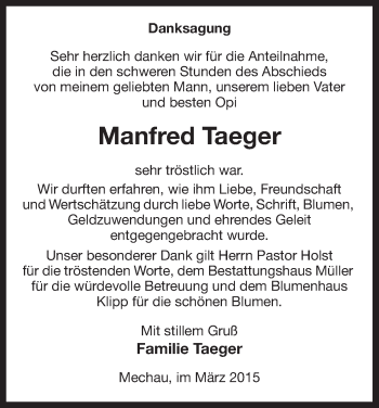 Traueranzeige von Manfred Taeger von Uelzen