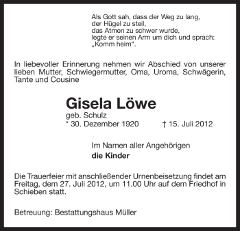 Traueranzeige von Gisela Löwe von ALLGEMEINE ZEITUNG UELZEN