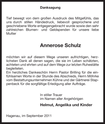 Traueranzeige von Annerose Schulz von ALLGEMEINE ZEITUNG UELZEN