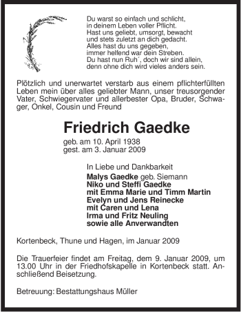 Traueranzeige von Friedrich Gaedke von ALLGEMEINE ZEITUNG UELZEN