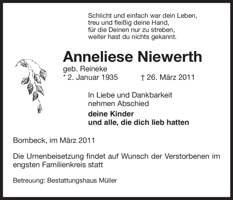  Traueranzeige für Anneliese Niewerth vom 29.03.2011 aus ALLGEMEINE ZEITUNG UELZEN