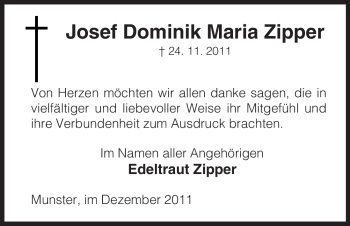 Traueranzeige von Josef Dominik Maria Zipper von ALLGEMEINE ZEITUNG UELZEN