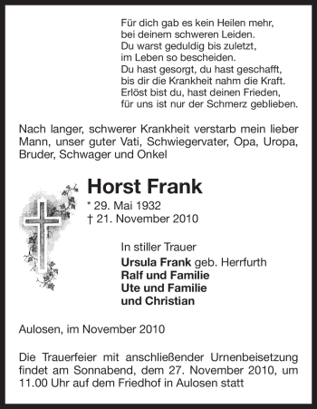 Traueranzeige von Horst Frank von ALLGEMEINE ZEITUNG UELZEN