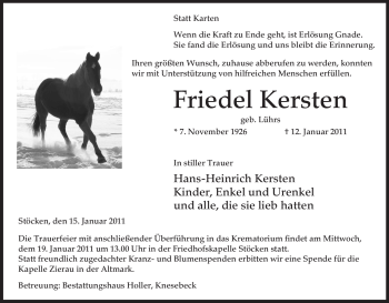 Traueranzeige von Friedel Kersten von ALLGEMEINE ZEITUNG UELZEN