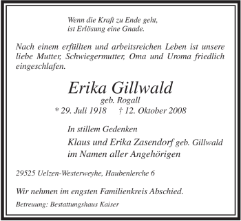 Traueranzeige von Erika Grillwald von ALLGEMEINE ZEITUNG UELZEN