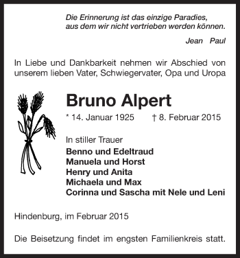 Traueranzeige von Bruno Alpert von Uelzen