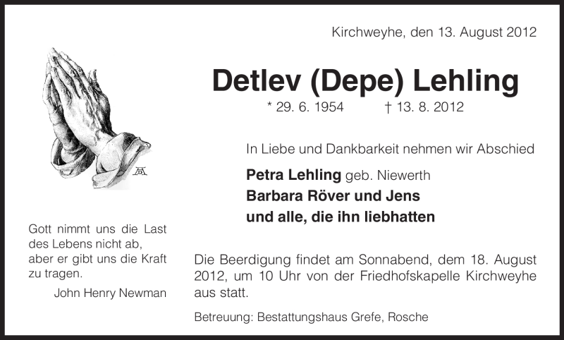  Traueranzeige für Detlev Lehling vom 15.08.2012 aus ALLGEMEINE ZEITUNG UELZEN