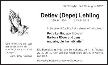 Traueranzeige von Detlev Lehling von ALLGEMEINE ZEITUNG UELZEN