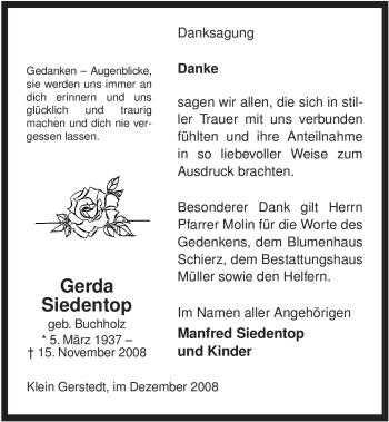 Traueranzeige von Gerda Siedentop von ALLGEMEINE ZEITUNG UELZEN