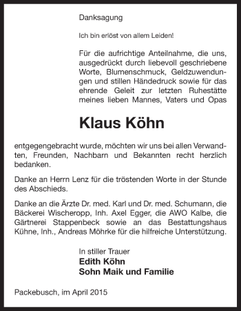 Traueranzeige von Klaus Köhn von Uelzen