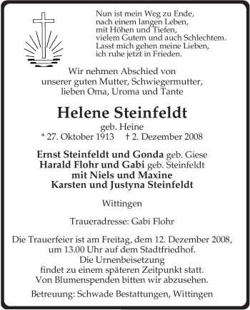 Traueranzeige von Helene Steinfeldt von ALLGEMEINE ZEITUNG UELZEN