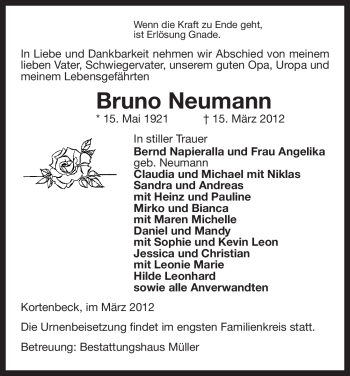 Traueranzeige von Bruno Neumann von ALLGEMEINE ZEITUNG UELZEN