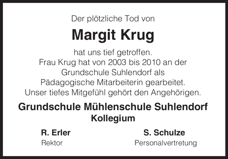  Traueranzeige für Margit Krug vom 16.11.2011 aus ALLGEMEINE ZEITUNG UELZEN