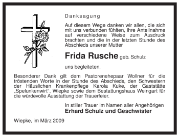 Traueranzeige von Frida Rusche von ALLGEMEINE ZEITUNG UELZEN