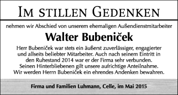 Traueranzeige von Walter Bubenicek von Uelzen